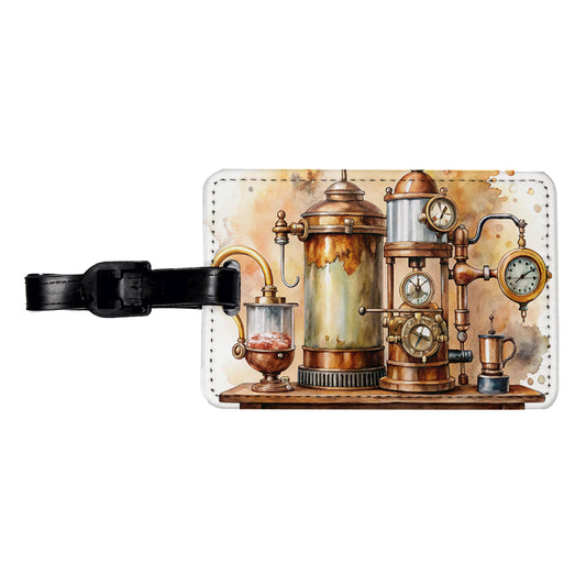 Steampunk Coffee Maker Fantasy Sci-fi Watercolor Travel Faux Leather Luggage Tag
