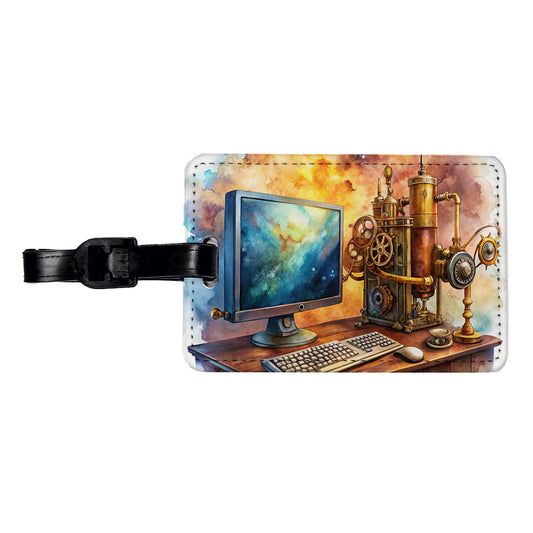 Steampunk Desktop PC Computer Fantasy Sci-fi Watercolor Travel Faux Leather Luggage Tag