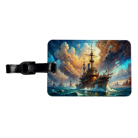 Steampunk Iron Warship Fantasy Sci-fi Watercolor Travel Faux Leather Luggage Tag