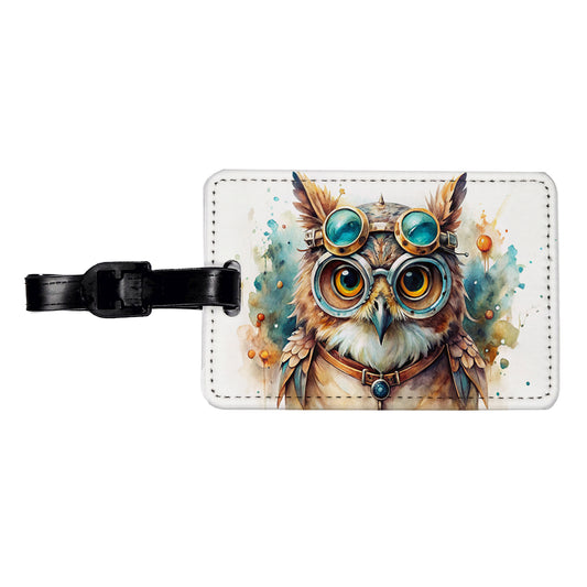 Steampunk Owl With Goggles Fantasy Sci-fi Watercolor Travel Faux Leather Luggage Tag