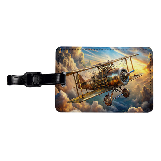 Steampunk Plane Airship in Cloudy Sky Fantasy Sci-fi Travel Faux Leather Luggage Tag