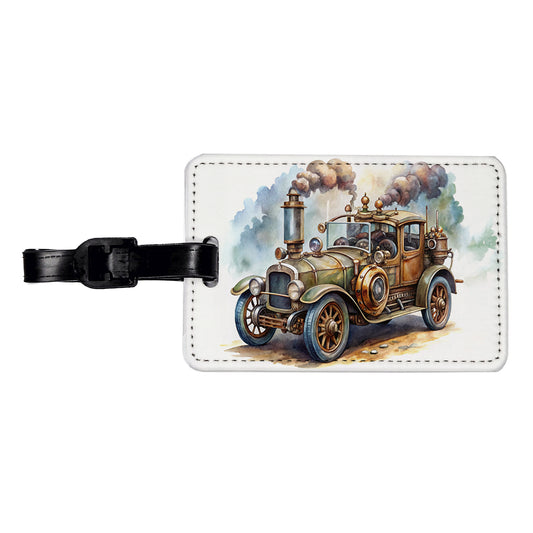 Steampunk Retro Fantasy Sci-fi Car Watercolor Travel Faux Leather Luggage Tag