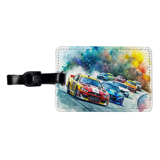 Stock Car Racing Watercolor Travel Faux Leather Luggage Tag