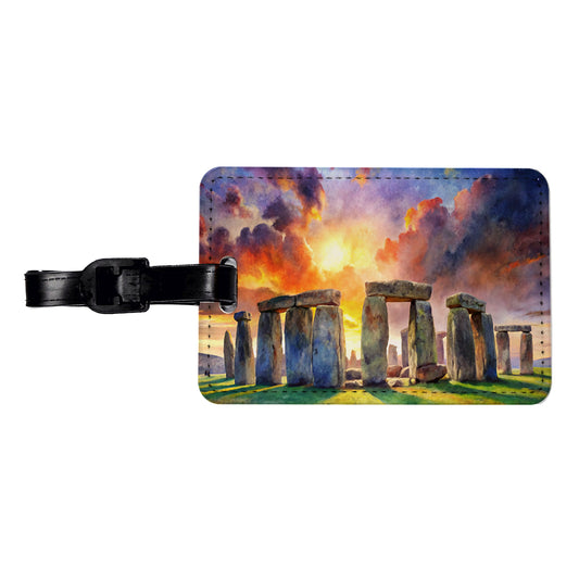 Stonehenge England At Dusk Watercolor Travel Faux Leather Luggage Tag
