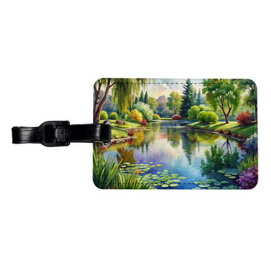 Tranquil Pond Scene Watercolor Travel Faux Leather Luggage Tag