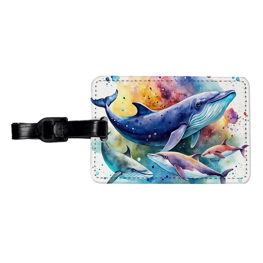 Whales Family Colorful Watercolor Travel Faux Leather Luggage Tag
