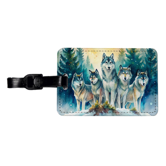 Wolfpack Snowy Forest Wolf Scene Watercolor Travel Faux Leather Luggage Tag