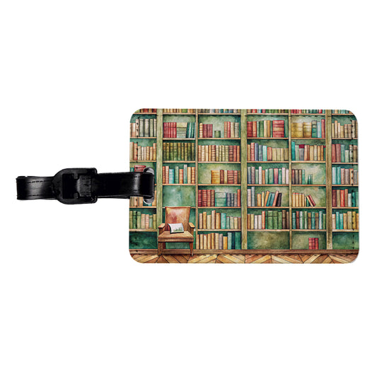Books Bookshelves In Library Reading Reader Travel Faux Leather Luggage Tag