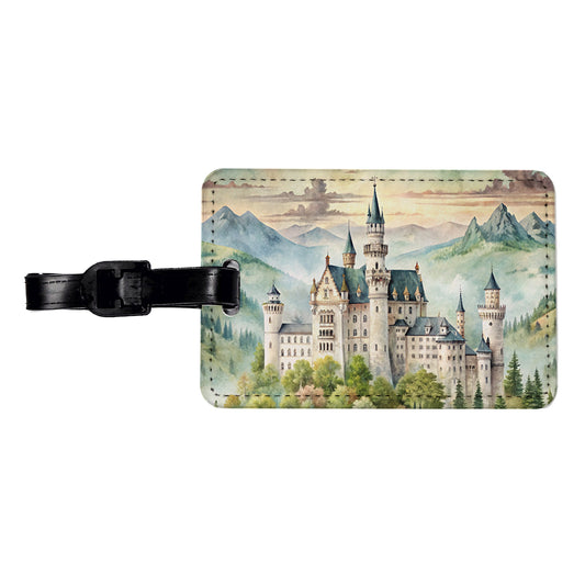 German Castle Watercolor Beautiful Neuschwanstein Travel Faux Leather Luggage Tag