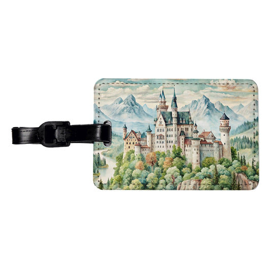 German Castle Watercolor Neuschwanstein Travel Faux Leather Luggage Tag