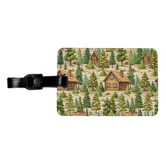 Log Cabin In Forest Pattern Travel Faux Leather Luggage Tag