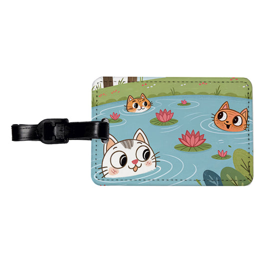 Cats Swimming In Pond Cute Travel Faux Leather Luggage Tag
