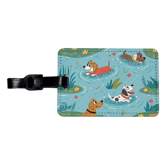 Dogs Swimming Playing In Pond Travel Faux Leather Luggage Tag