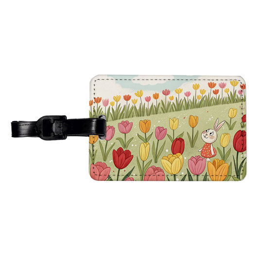 Field Of Tulips And Bunny Flowers Travel Faux Leather Luggage Tag