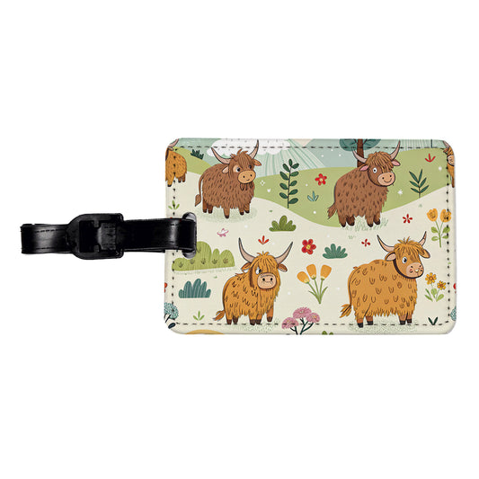 Highland Cows Scattered Travel Faux Leather Luggage Tag