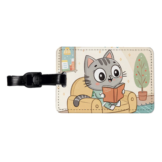 Kawaii Cat Reading Book On Couch Reader Travel Faux Leather Luggage Tag