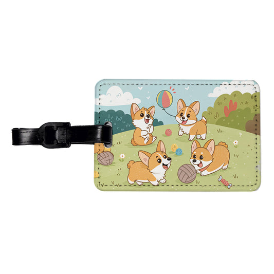 Kawaii Corgis Dogs Playing Travel Faux Leather Luggage Tag