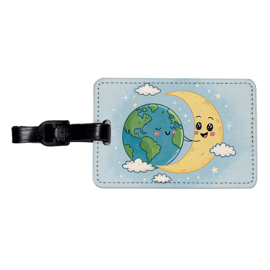 Kawaii Earth And Crescent Moon Travel Faux Leather Luggage Tag