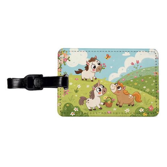 Kawaii Horses Playing Travel Faux Leather Luggage Tag