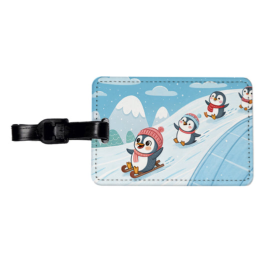 Kawaii Penguins Sledding Snow Travel Faux Leather Luggage Tag