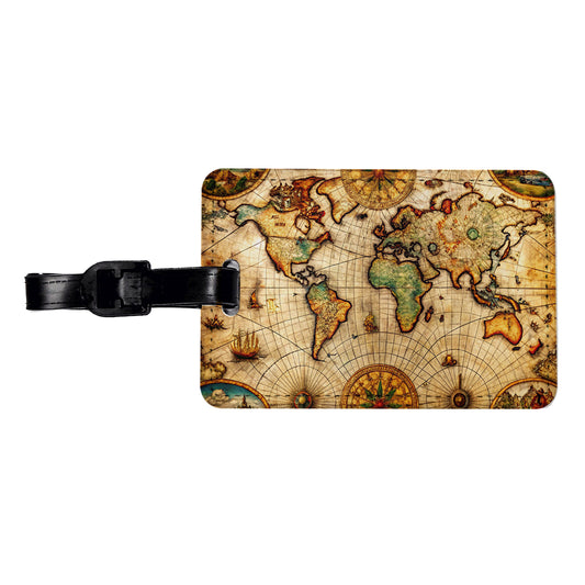 Ancient Maritime Nautical World Map Travel Faux Leather Luggage Tag