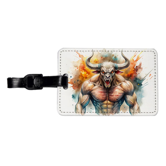 Angry Fantasy Minotaur Watercolor Travel Faux Leather Luggage Tag