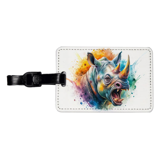 Angry Rhino Rhinoceros Watercolor Travel Faux Leather Luggage Tag