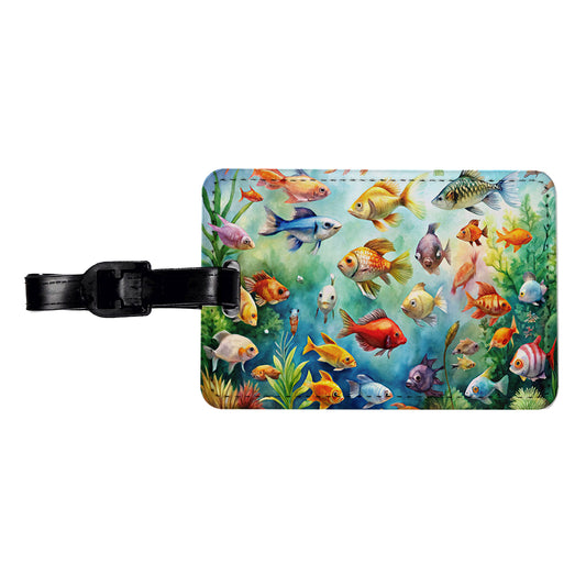 Aquarium Full Of Fish Watercolor Travel Faux Leather Luggage Tag