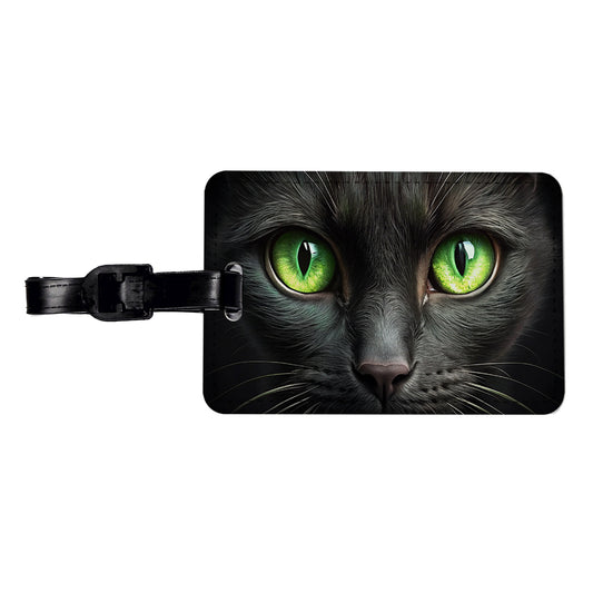 Black Cat with Green Eyes Travel Faux Leather Luggage Tag