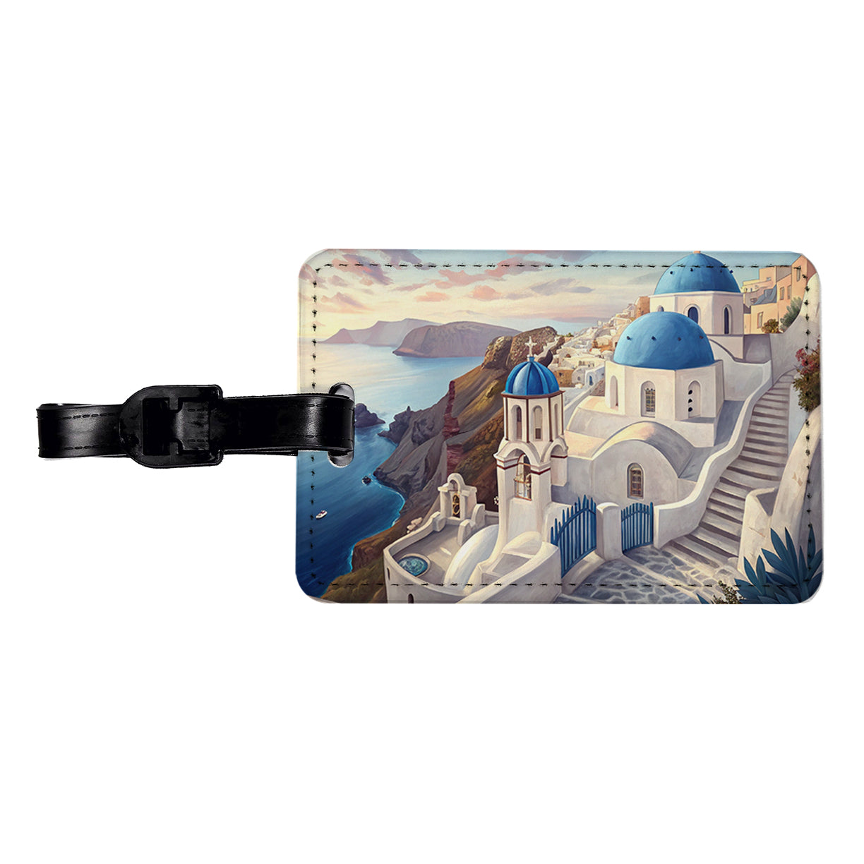 Blue Domes Of Oia Santorini Greece Aegean Sea Travel Faux Leather Luggage Tag