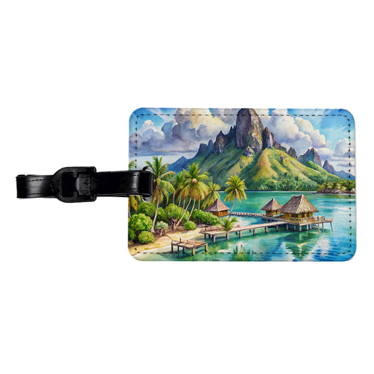 Bora Bora French Polynesia Watercolor Travel Faux Leather Luggage Tag