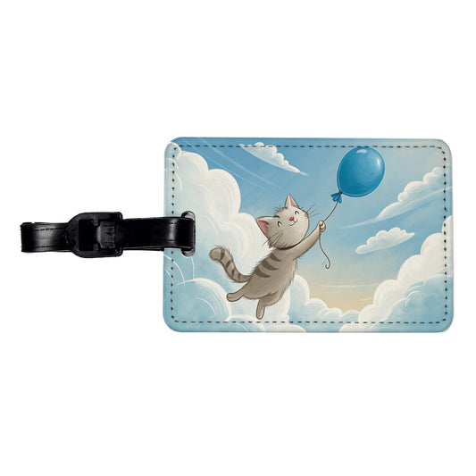 Cat Carried by Blue Balloon into the Sky Travel Faux Leather Luggage Tag