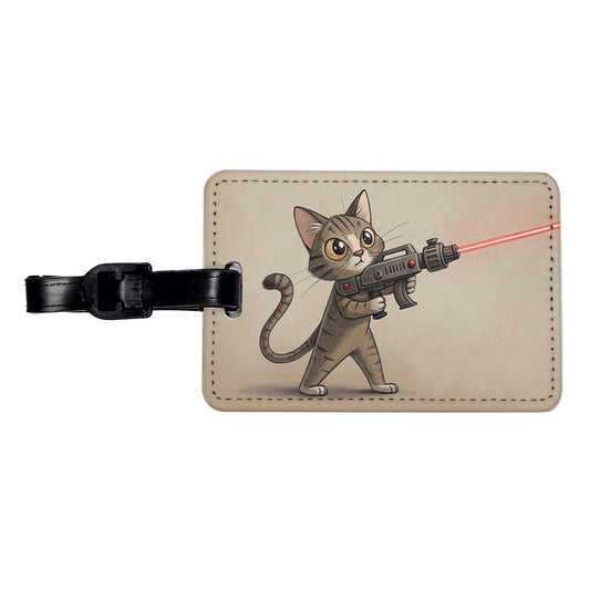 Cat With Laser Gun Sci-fi Cartoon Travel Faux Leather Luggage Tag