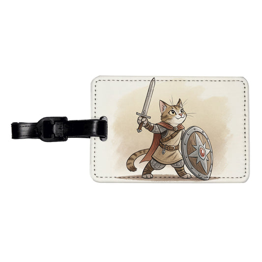 Cat With Sword And Shield Fantasy Medieval Cartoon Travel Faux Leather Luggage Tag