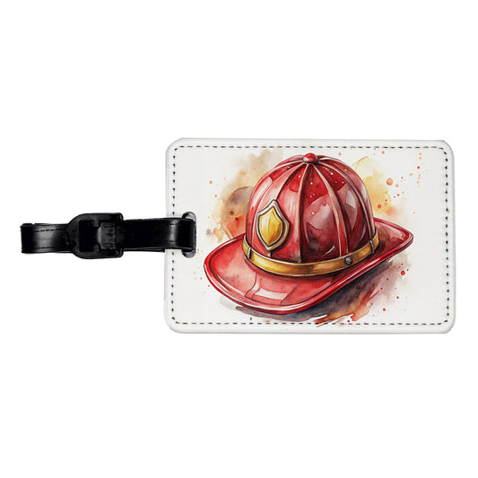 Classic Red Firefighter Fireman Helmet Watercolor Travel Faux Leather Luggage Tag