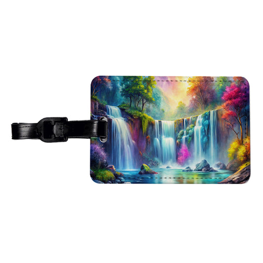 Colorful Fantasy Forest Waterfalls Travel Faux Leather Luggage Tag