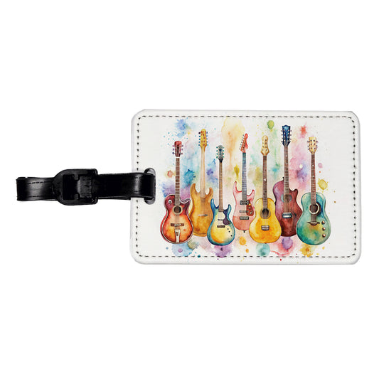 Colorful Guitar Collection Watercolor Travel Faux Leather Luggage Tag