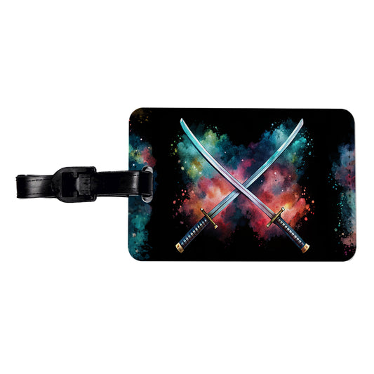 Crossed Katana Samurai Ninja Swords Black Watercolor Travel Faux Leather Luggage Tag