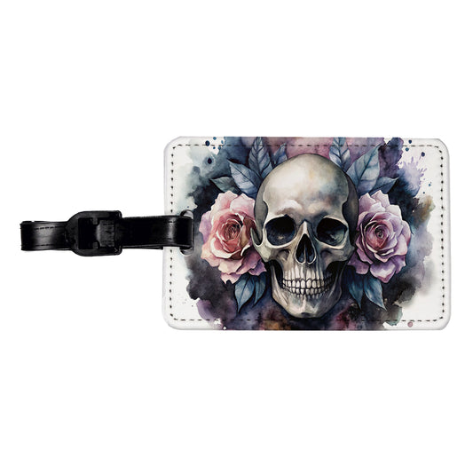 Death Skull Roses Black Watercolor Travel Faux Leather Luggage Tag