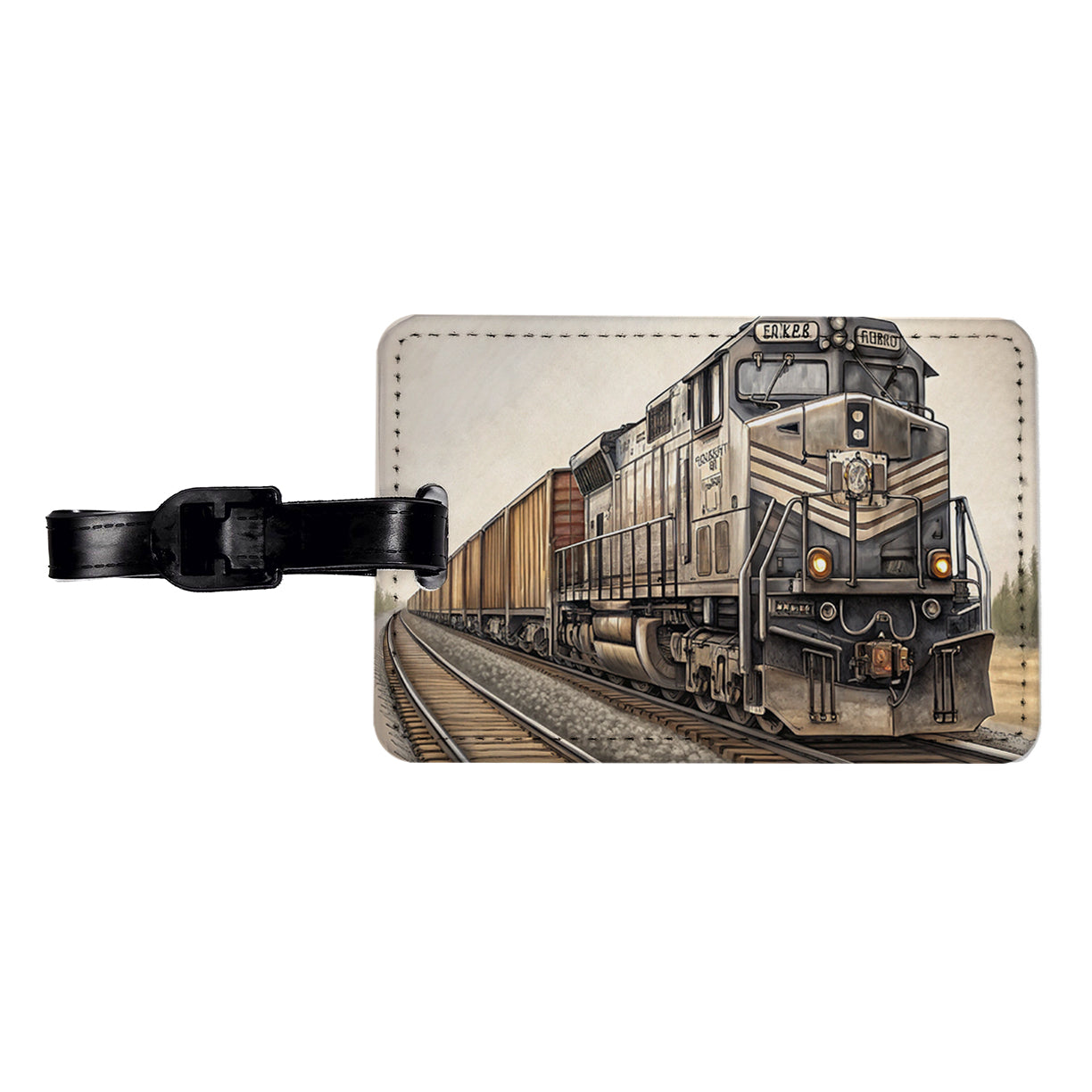 Diesel Locomotive Pulling A Long Line Of Freight Cars Travel Faux Leather Luggage Tag