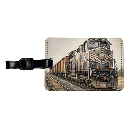 Diesel Locomotive Pulling A Long Line Of Freight Cars Travel Faux Leather Luggage Tag