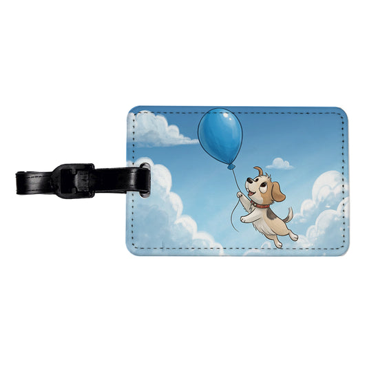 Dog Carried by Blue Balloon into the Sky Travel Faux Leather Luggage Tag