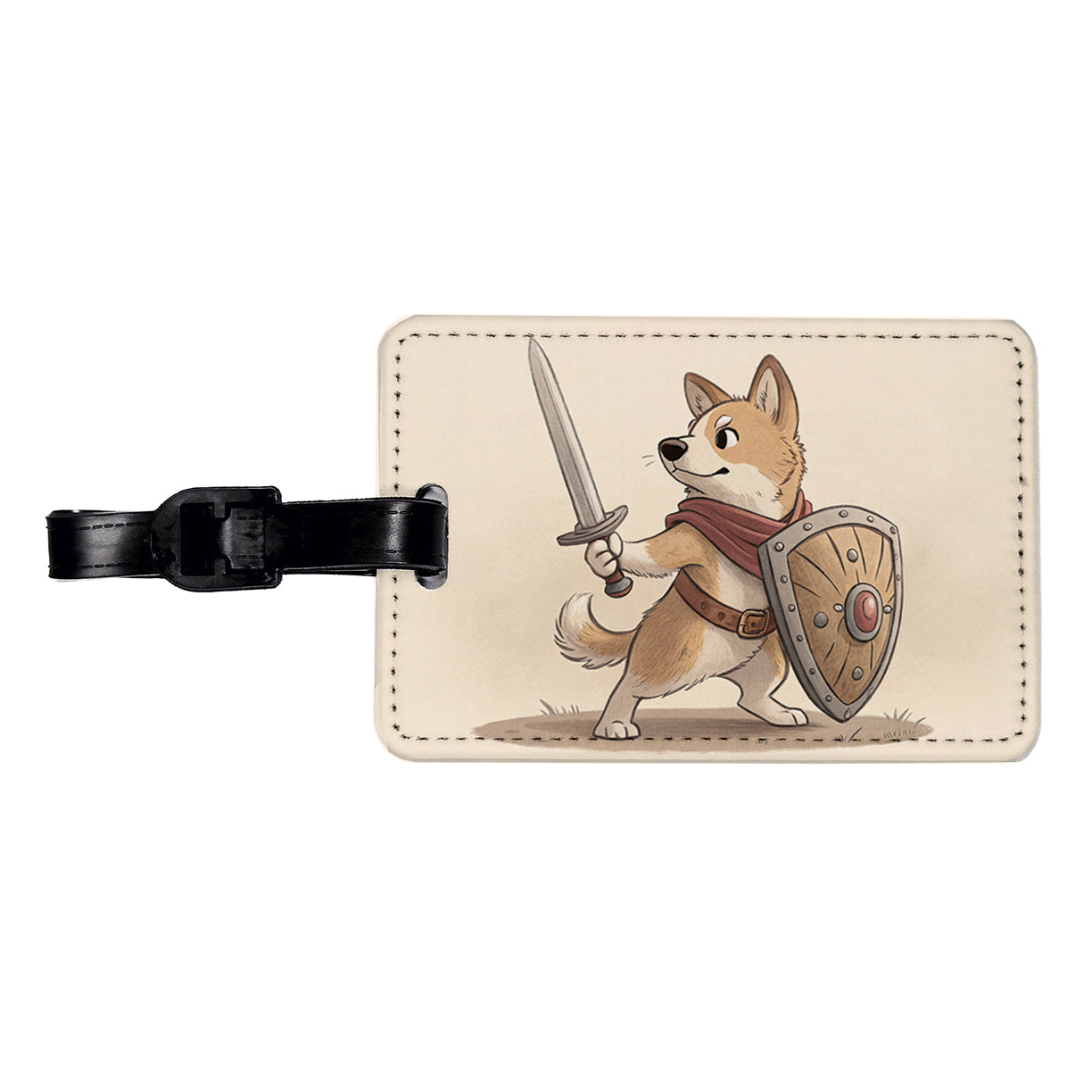 Dog With Sword And Shield Fantasy Medieval Cartoon Travel Faux Leather Luggage Tag