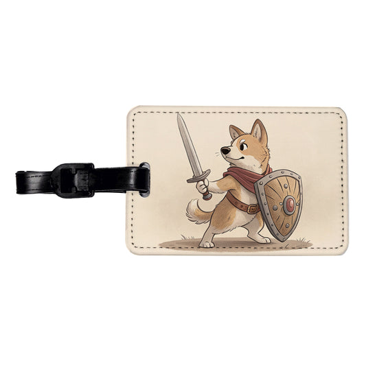 Dog With Sword And Shield Fantasy Medieval Cartoon Travel Faux Leather Luggage Tag