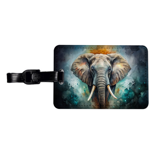 Elephant on Black Watercolor Background Travel Faux Leather Luggage Tag