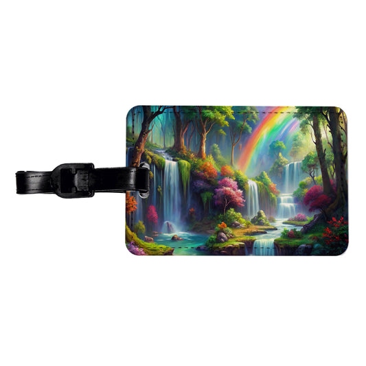 Fantasy Forest Rainbow Waterfalls Watercolor Travel Faux Leather Luggage Tag