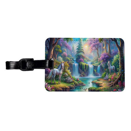 Fantasy Forest Waterfalls and White Horses Watercolor Travel Faux Leather Luggage Tag