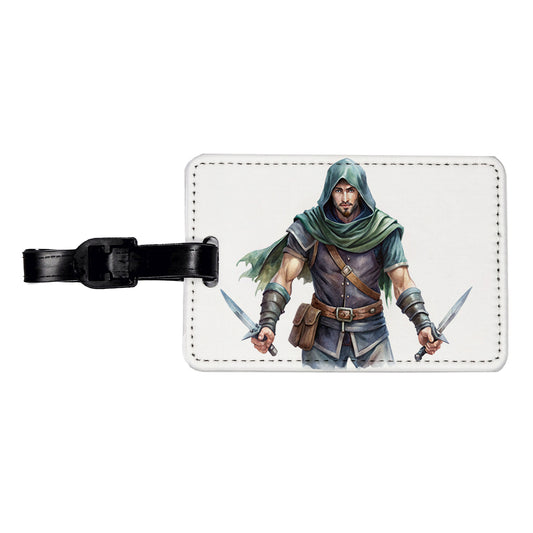 Fantasy Male Thief Rogue with Daggers Watercolor Travel Faux Leather Luggage Tag
