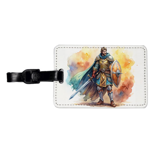 Fantasy Male Warrior Fighter With Sword And Shield Tank Travel Faux Leather Luggage Tag