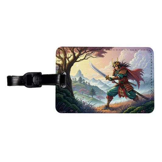 Fantasy Warrior with Sword Classic Japanese Anime Style Travel Faux Leather Luggage Tag